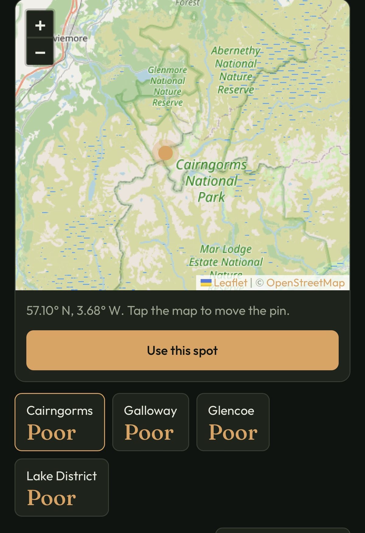 A map of the Cairngorms with a copper pin, the position 57.10 degrees north and 3.68 degrees west, and a Use this spot button.