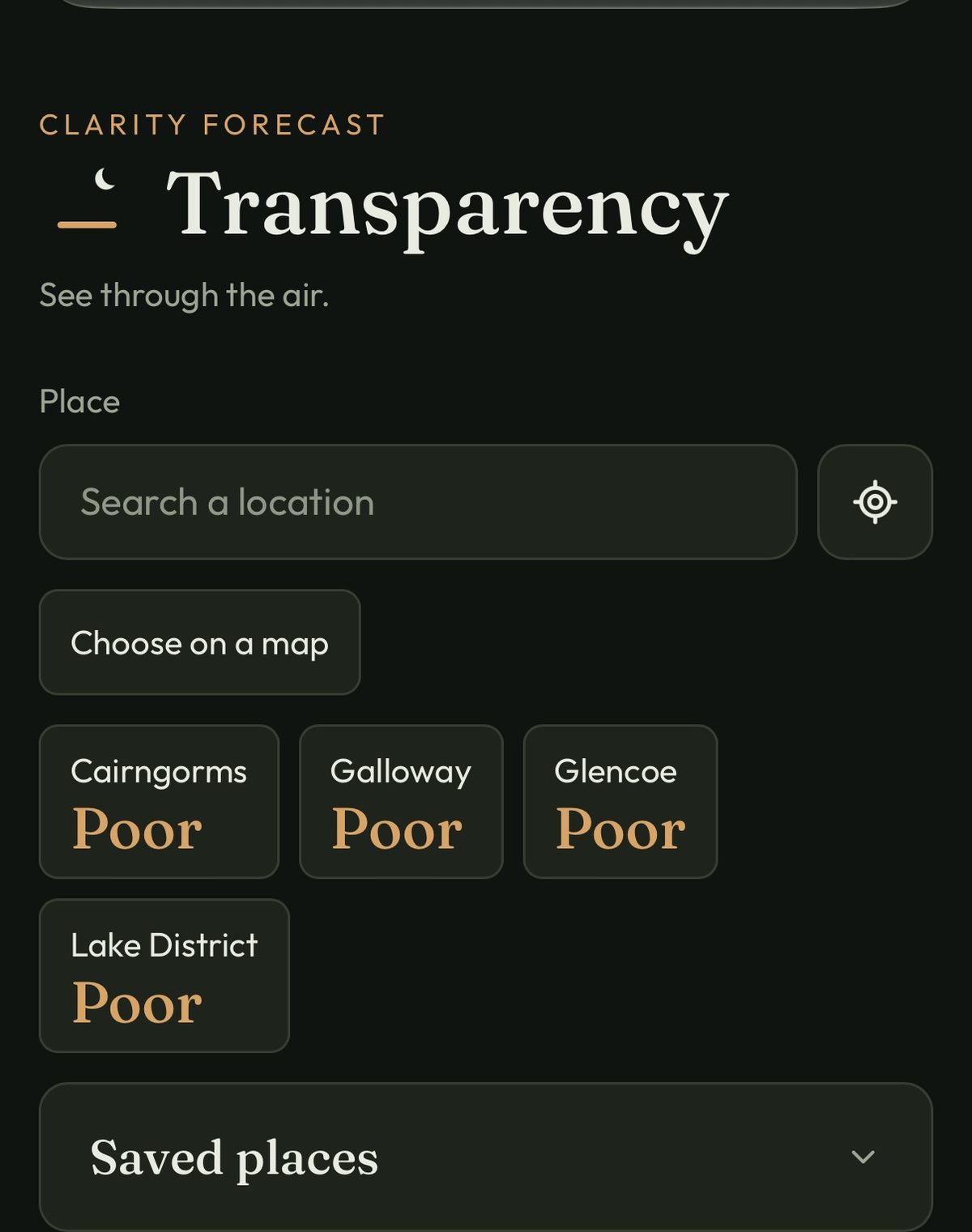 The Transparency opening screen, with a search box, a location button, Choose on a map, and four saved places, Cairngorms, Galloway, Glencoe and Lake District, each showing Poor.