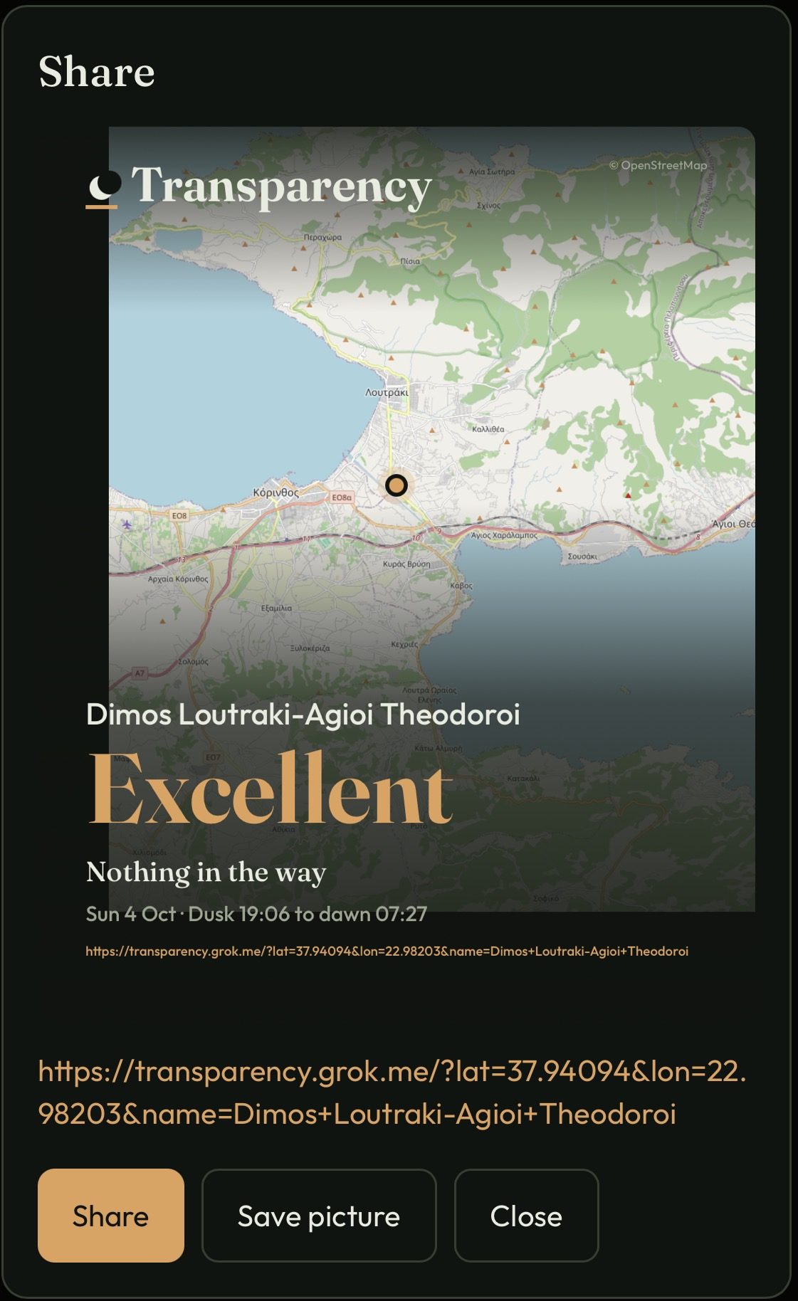 The Transparency share card for Dimos Loutraki-Agioi Theodoroi, showing Excellent and Nothing in the way on a map, with Share, Save picture and Close buttons.