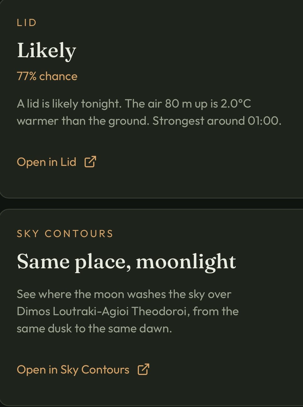 Two tiles under the result: Lid, Likely, 77 percent chance, with Open in Lid, and Sky Contours, Same place, moonlight, with Open in Sky Contours.