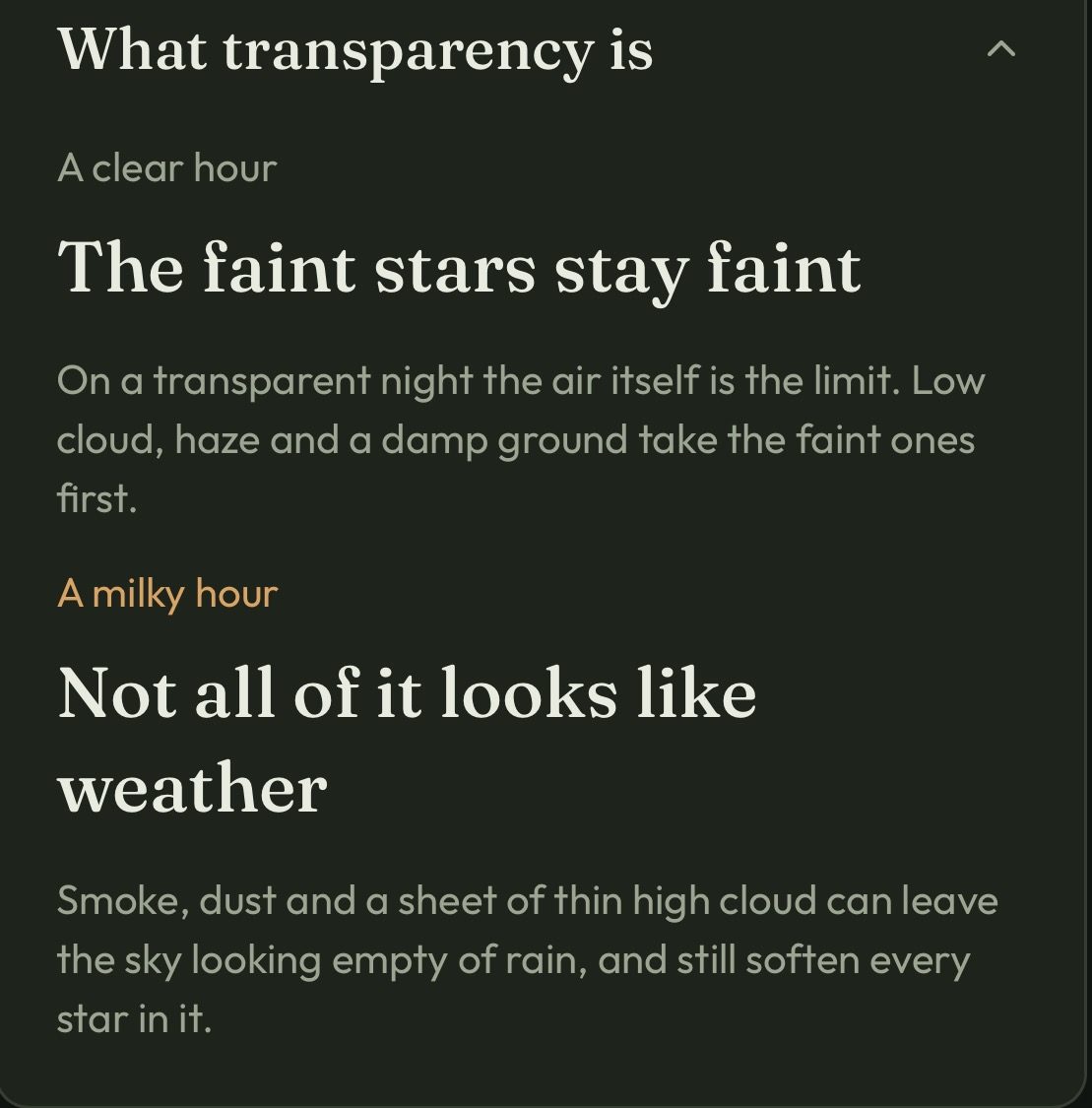 The open What transparency is box, comparing a clear hour with a milky hour.